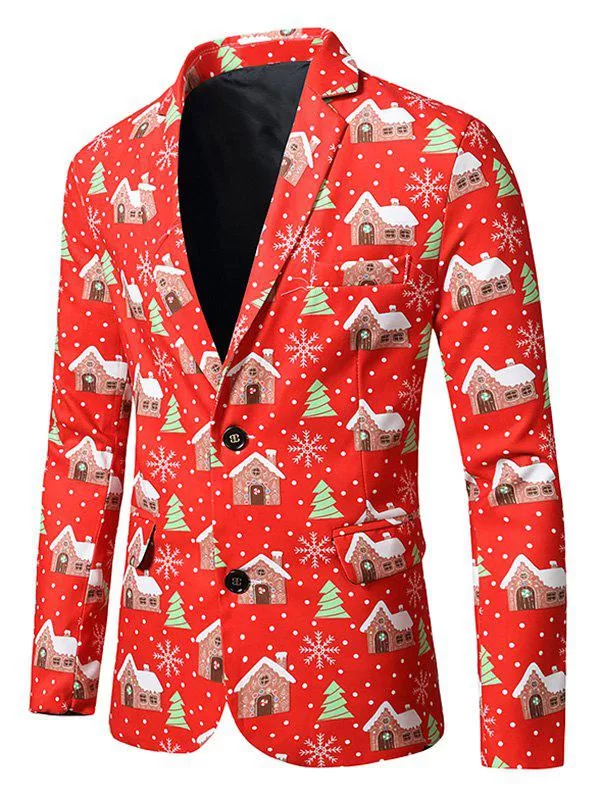 Christmas Tree House Snowflake Print Lapel Back Slit Blazer
