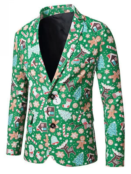 Christmas Tree Snowflake Snowman Print Lapel Side Slit Blazer