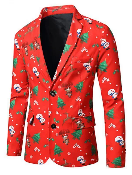Christmas Tree Snowman Elk Print Lapel Side Slit Blazer