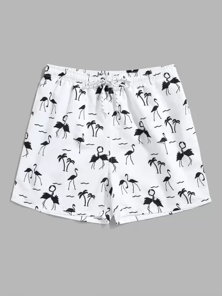 Coconut Tree And Flamingo Printed Beach Shorts