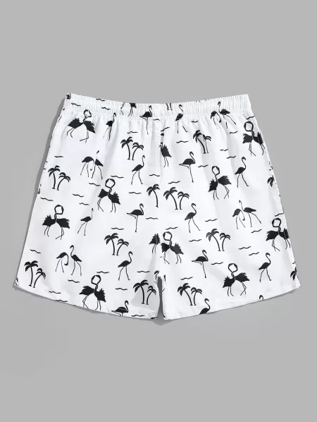 Coconut Tree And Flamingo Printed Beach Shorts
