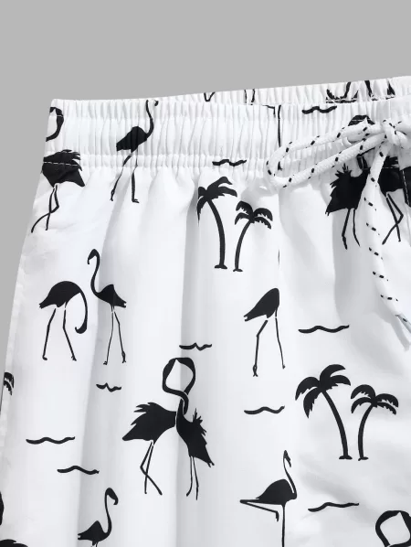 Coconut Tree And Flamingo Printed Beach Shorts