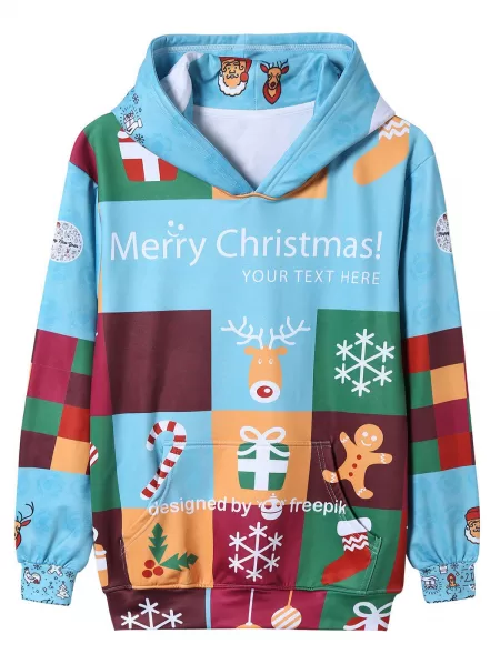 Color Block Cartoon Christmas Print Pullover Hoodie