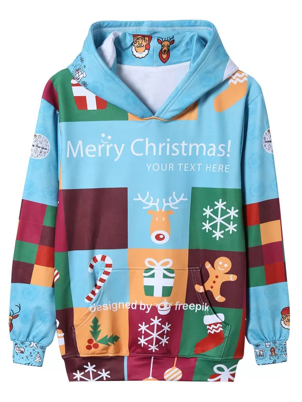 Color Block Cartoon Christmas Print Pullover Hoodie