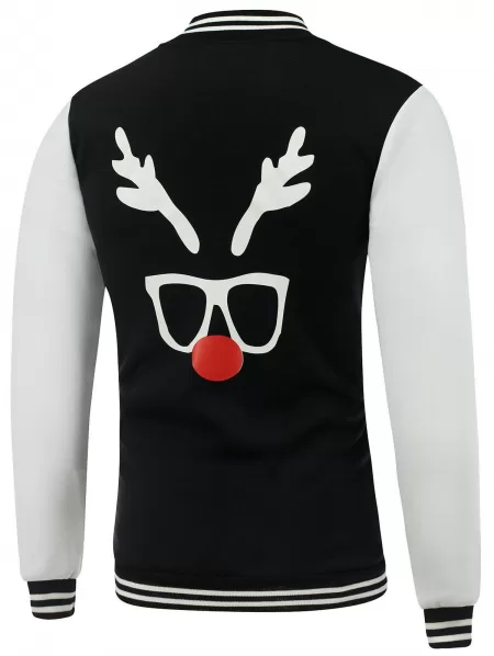 Color Block Christmas Deer Horn Print Baseball Jacket