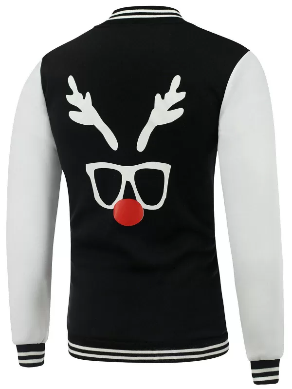Color Block Christmas Deer Horn Print Baseball Jacket