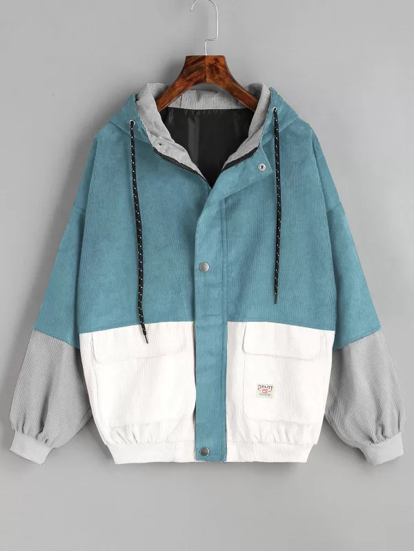Color Block Hooded Corduroy Jacket