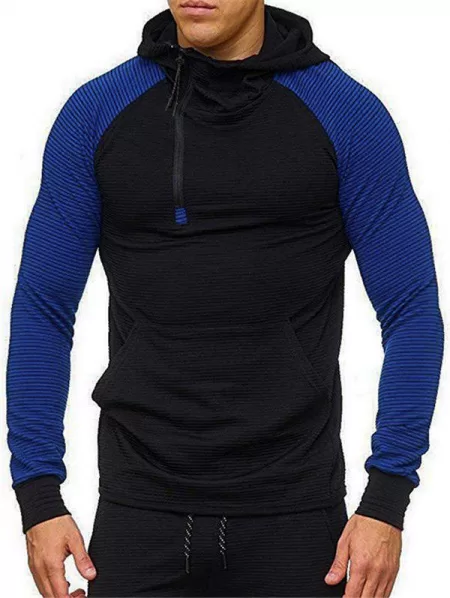 Color Blocking Splicing Raglan Sleeve Half Zipper Hoodie