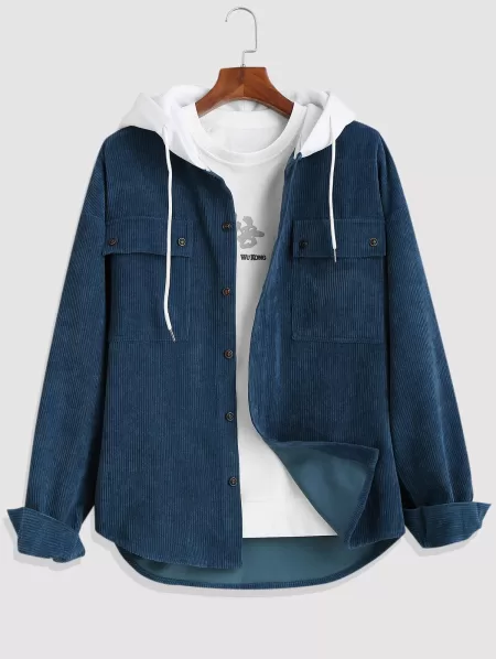 Colorblock Hooded Corduroy Shirt Jacket