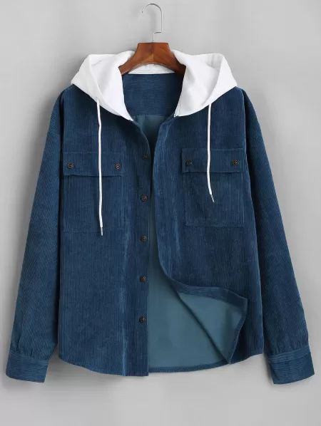 Colorblock Hooded Corduroy Shirt Jacket