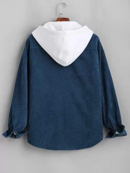 Colorblock Hooded Corduroy Shirt Jacket