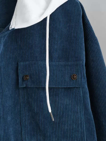 Colorblock Hooded Corduroy Shirt Jacket