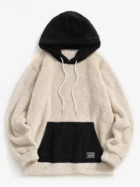 Colorblock Kangaroo Pocket Fluffy Hoodie
