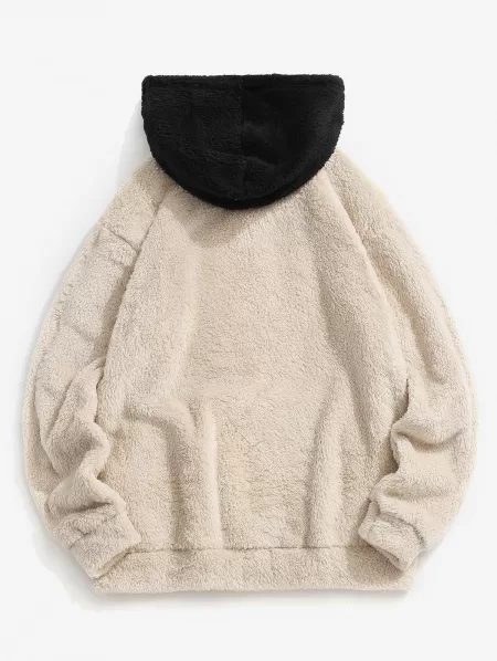 Colorblock Kangaroo Pocket Fluffy Hoodie