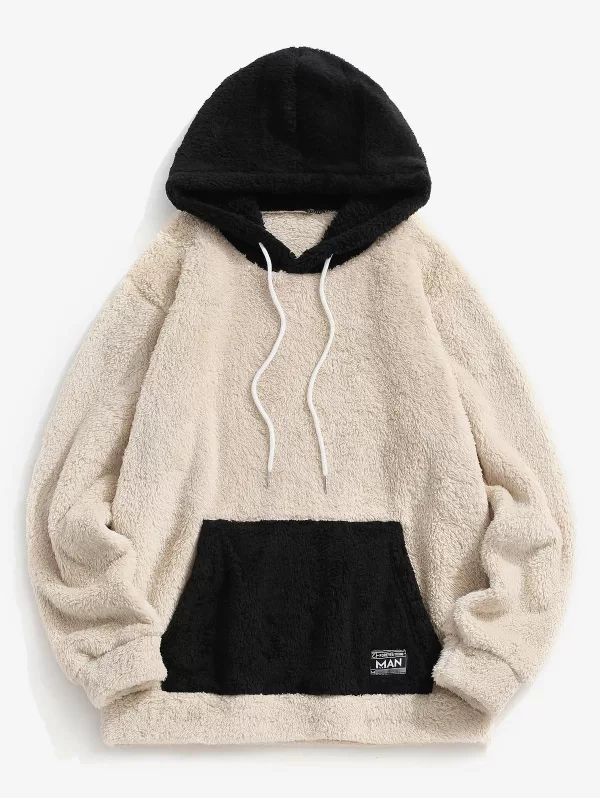 Colorblock Kangaroo Pocket Fluffy Hoodie