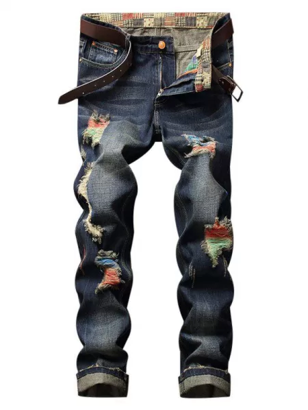 Colorful Destroy Wash Scratch Long Jeans