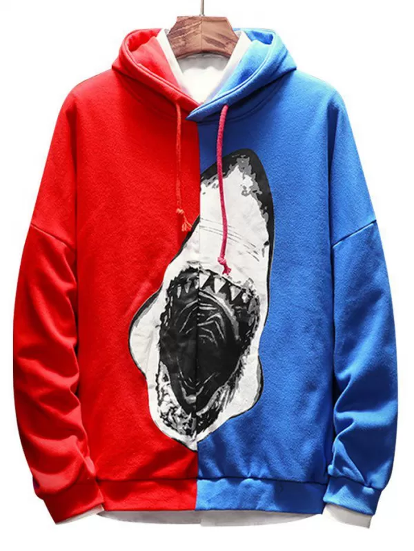 Contrast Color Shark Print Pullover Hoodie