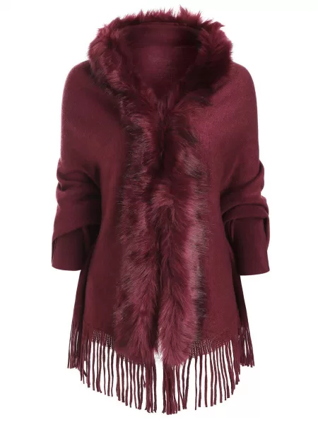 Contrast Faux Fur Fringe Hem Sweater Coat