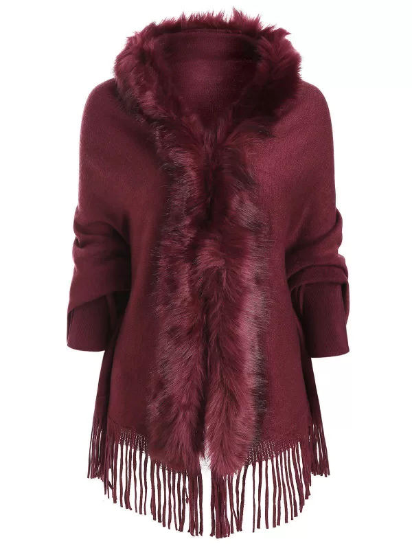 Contrast Faux Fur Fringe Hem Sweater Coat