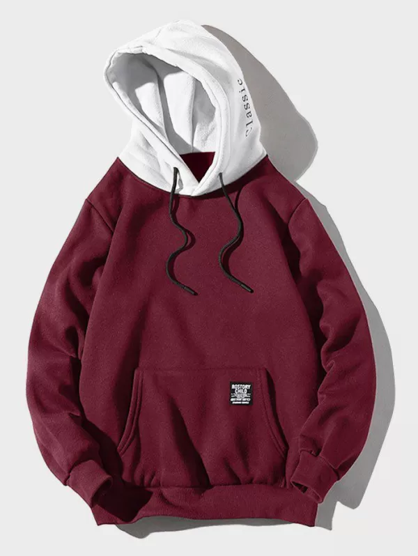 Contrast Letter Patch Detail Pouch Pocket Fleece Hoodie