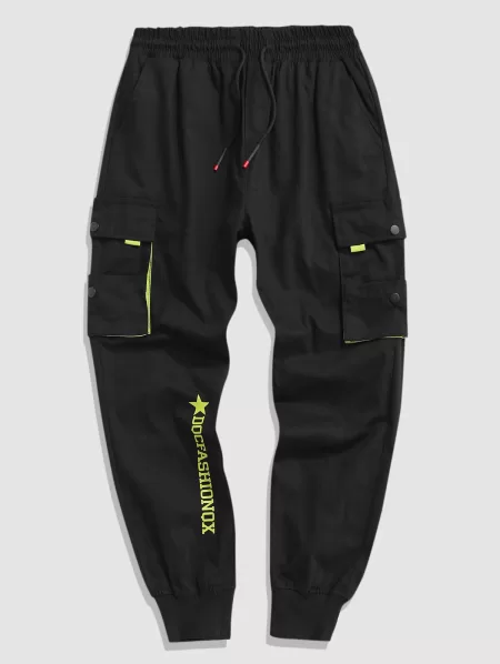 Contrasting Letter Beam Feet Cargo Techwear Pants
