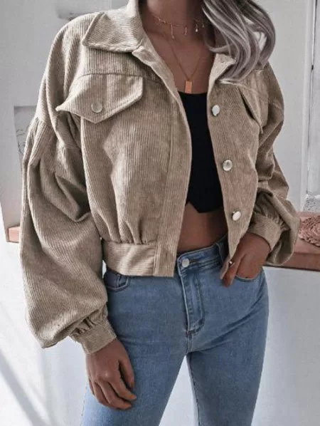 Corduroy Lantern Sleeve Drop Shoulder Jacket