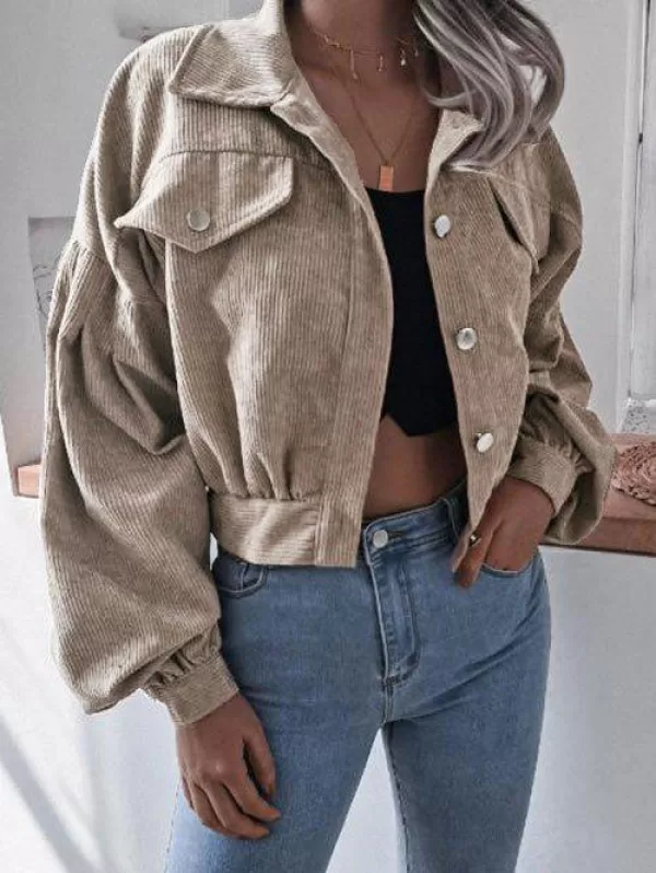 Corduroy Lantern Sleeve Drop Shoulder Jacket