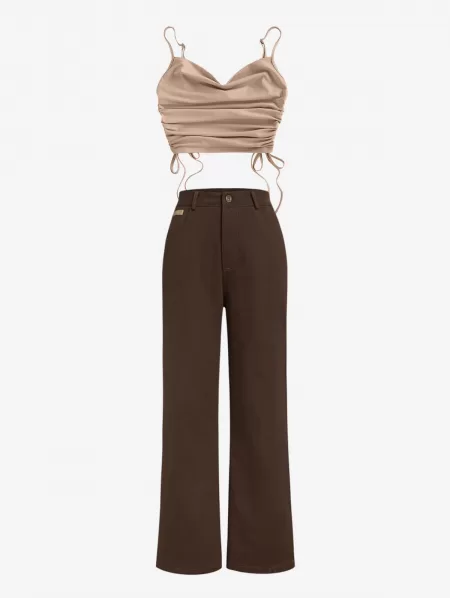 Cowl Neck Cinched Top And Wide Leg Jeans Set