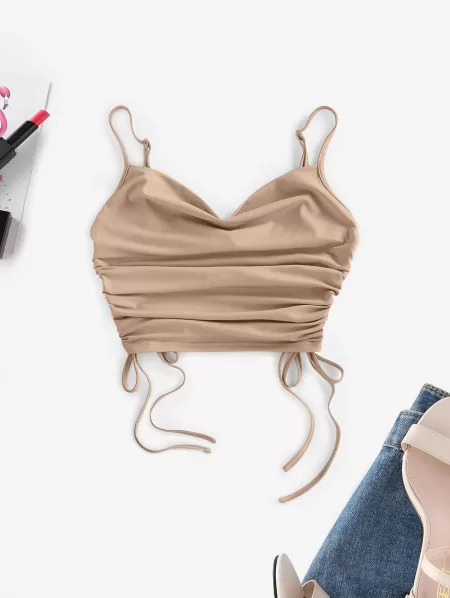 Cowl Neck Cinched Top And Wide Leg Jeans Set