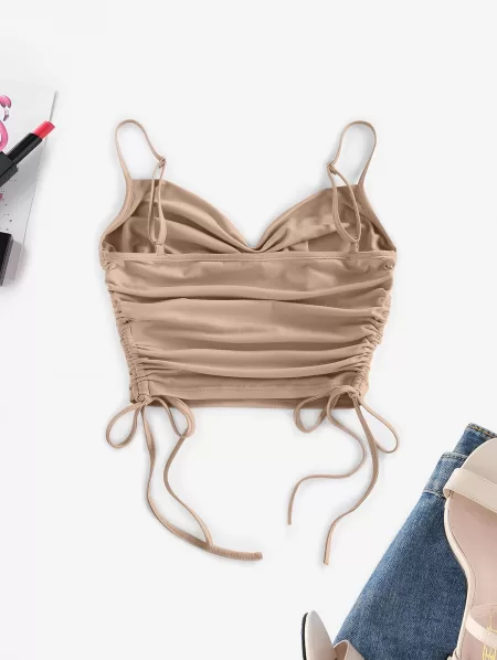 Cowl Neck Cinched Top And Wide Leg Jeans Set