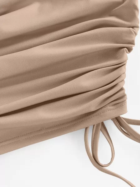 Cowl Neck Cinched Top And Wide Leg Jeans Set