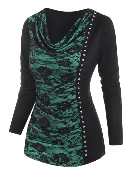 Cowl Neck Flower Lace Rivet T Shirt