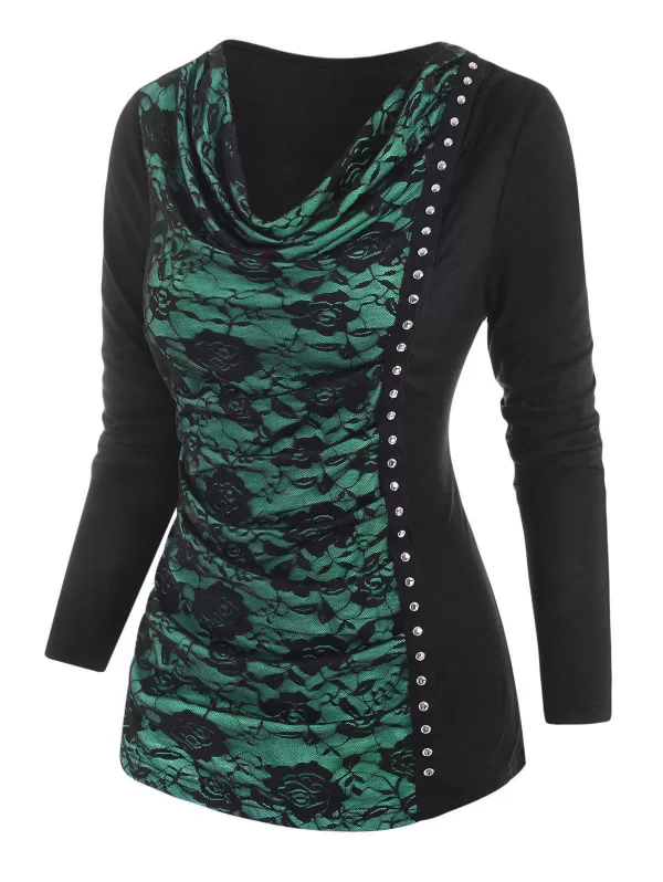 Cowl Neck Flower Lace Rivet T Shirt