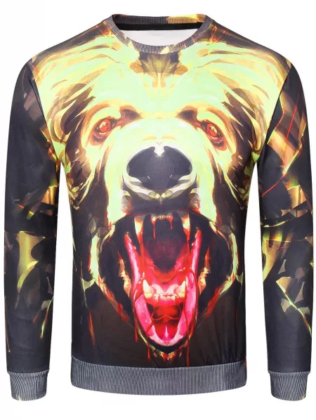 Crew Neck 3d Ferocious Dog Print Sweatshirt