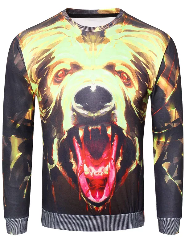Crew Neck 3d Ferocious Dog Print Sweatshirt