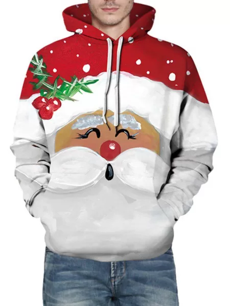 Cute Christmas Santa Print Front Pocket Casual Hoodie
