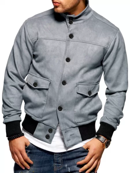 Double Pockets Button Up Rib-knit Trim Jacket