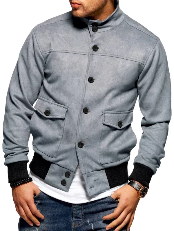 Double Pockets Button Up Rib-knit Trim Jacket