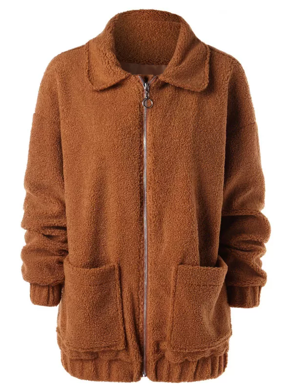 Drop Shoulder Zipper Faux Fur Coat