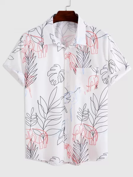Elephant Tropical Leaves Print Pocket Shirt