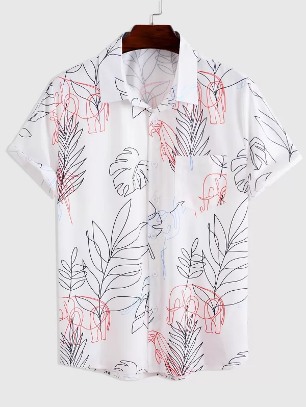 Elephant Tropical Leaves Print Pocket Shirt