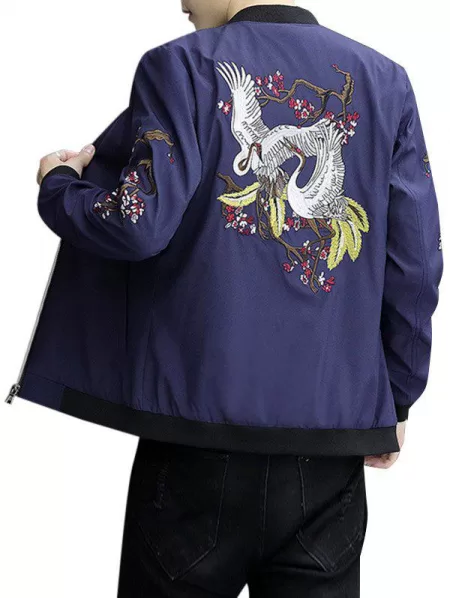 Embroidery Crane Zip Up Stand Collar Jacket