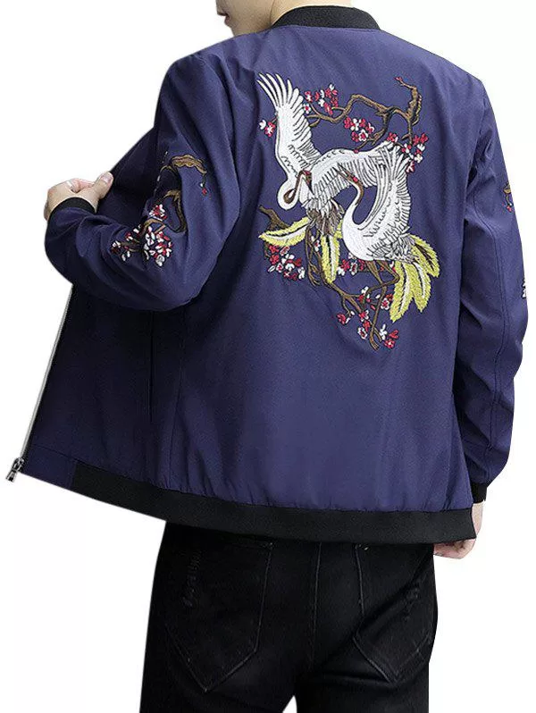 Embroidery Crane Zip Up Stand Collar Jacket