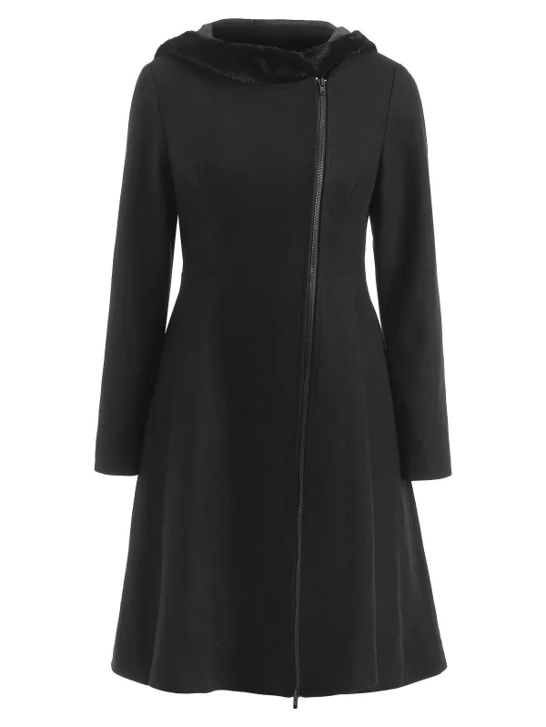 Faux Fur Hooded Zipper Long Coat