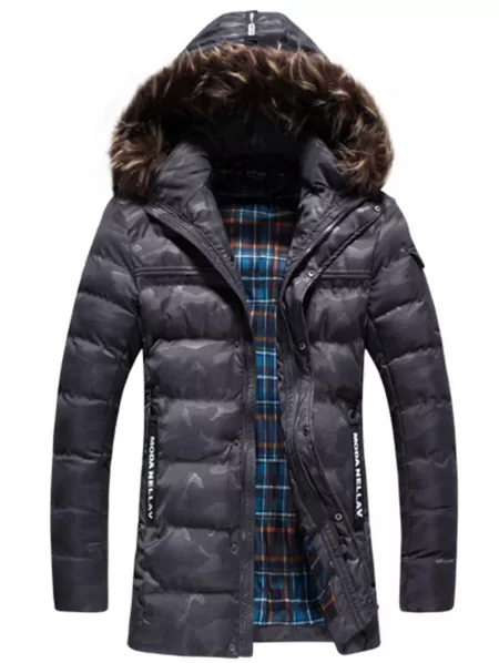 Faux Fur Trim Letter Camo Puffer Jacket