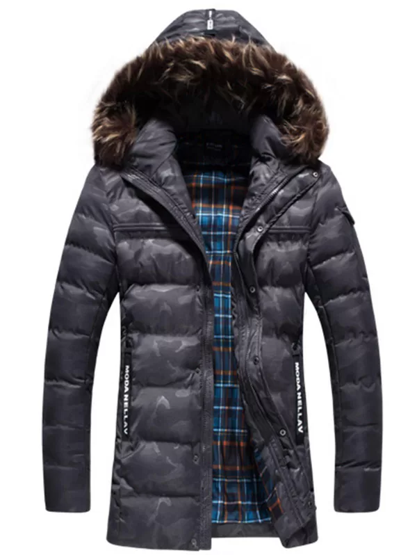 Faux Fur Trim Letter Camo Puffer Jacket