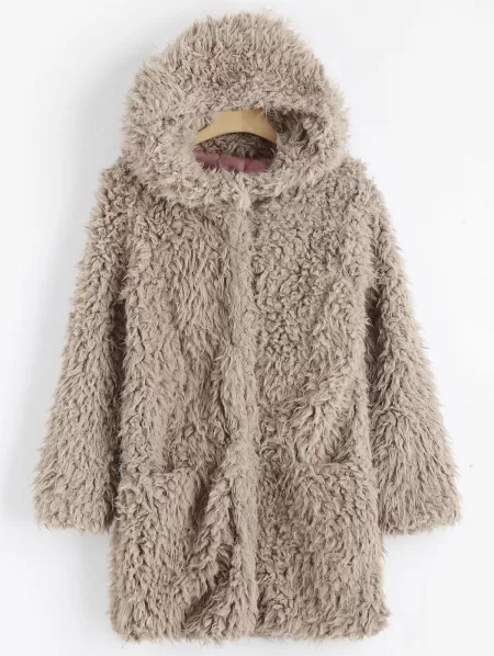 Faux Lamb Wool Hooded Coat With Pocket