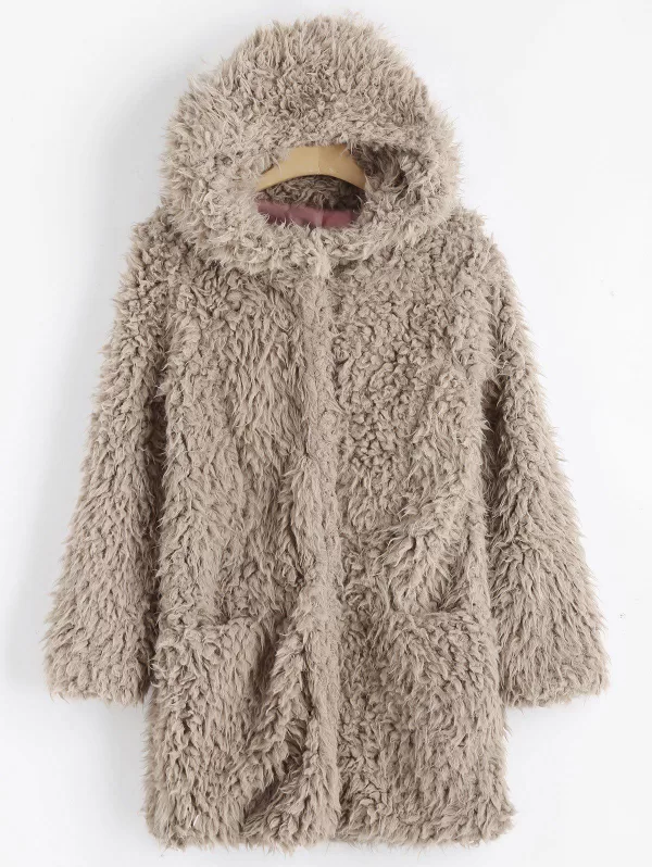 Faux Lamb Wool Hooded Coat With Pocket