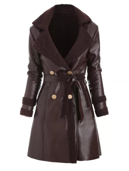 Faux Leather Shearling Insert Belted Pocket Coat