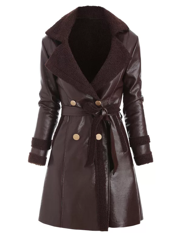 Faux Leather Shearling Insert Belted Pocket Coat